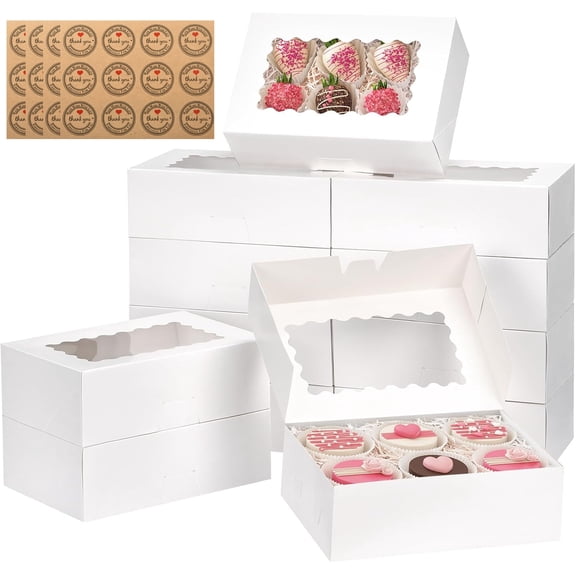 20pcs Cookie Boxes with Window & Stickers, 9x6x3 Inch White Bakery Boxes Dessert Container for Pastries, Chocolate Covered Strawberries, Easter Candy, Muffins, Donuts