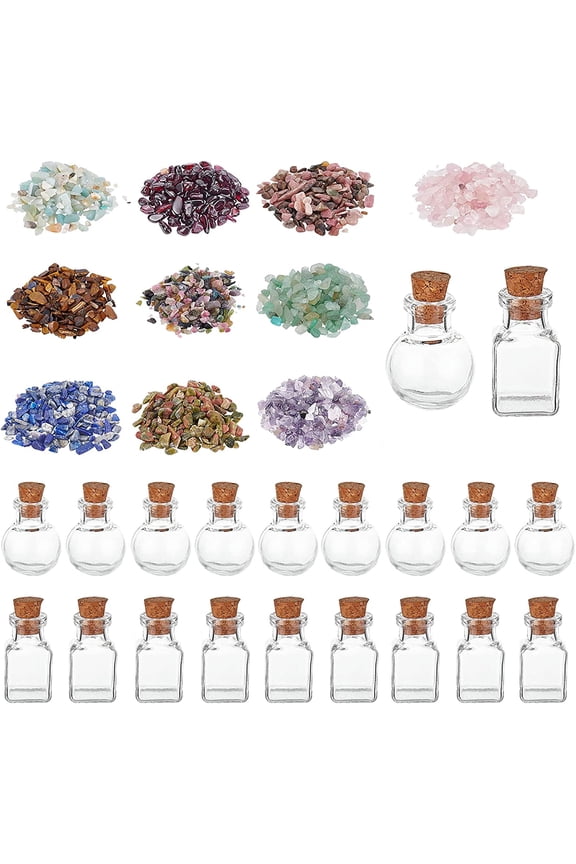 20pcs Cube/Round Mini Glass Wishing Bottles with 100g 10 Colors Undrilled Tumbled Gemstone Chips Stones for Pendants Necklace Jewelry Making Candles Home Decoration 10g/Color