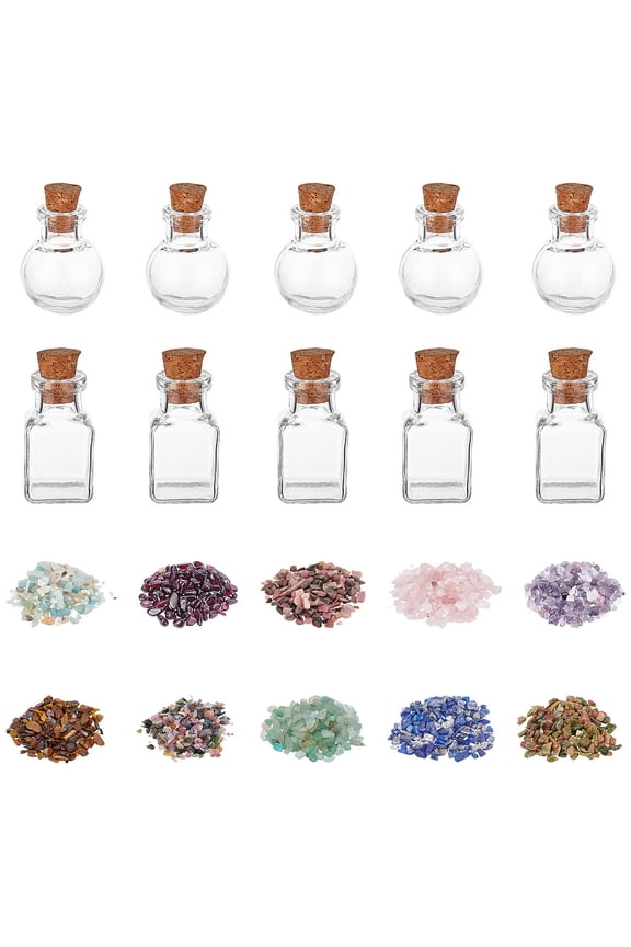 20pcs Cube/Round Mini Glass Wishing Bottles with 100g 10 Colors Undrilled Tumbled Gemstone Chips Stones for Pendants Necklace Jewelry Making Candles