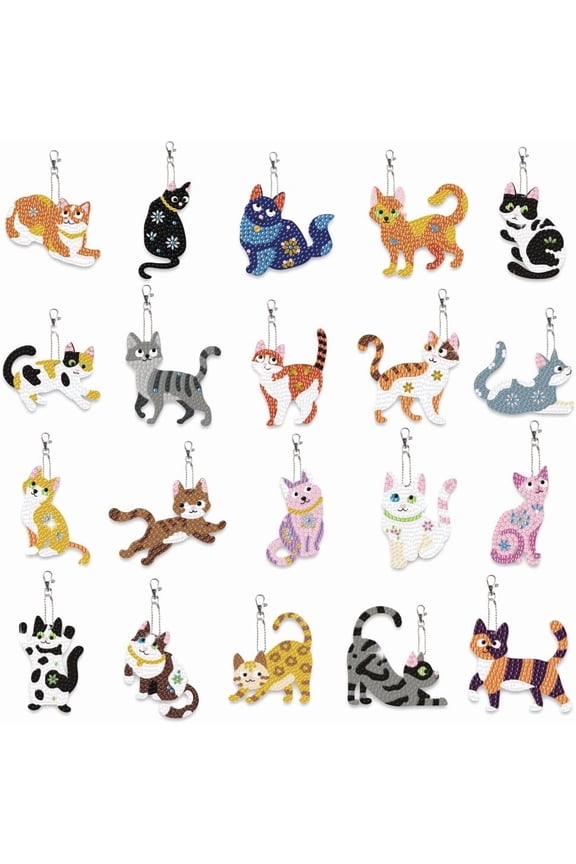 20pcs Cat Diamond Painting Keychains Kit, 5D Rhinestone DIY Keychain Crafts with Key Rings (Cats Art)