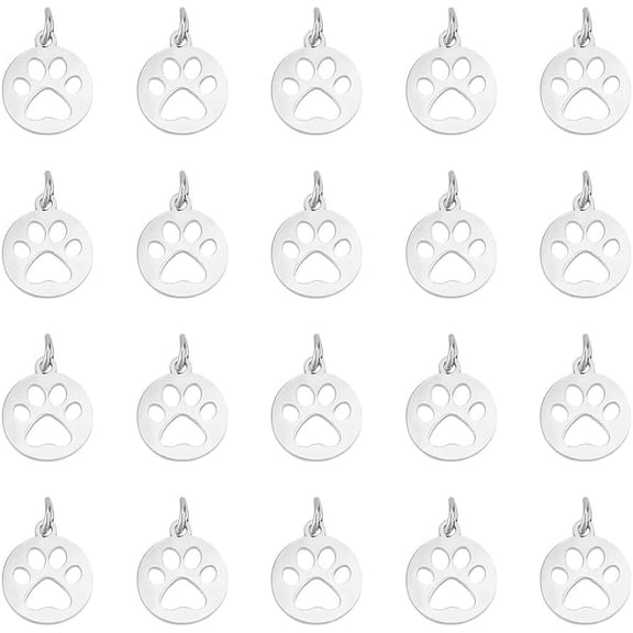 20pcs Dog Paw Prints Charm 14mm Flat Round Stainless Steel Charm Pendants Cute Puppy Pet Print Charms Animal Footprint Pendant for Necklace Jewelry Making