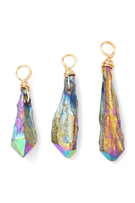 20pcs Electroplated Raw Rough Natural Quartz Copper Wire Wrapped Pendants Rainbow Plated Teardrop Charms Light Gold 27~34.5x7~8x4.5~6mm