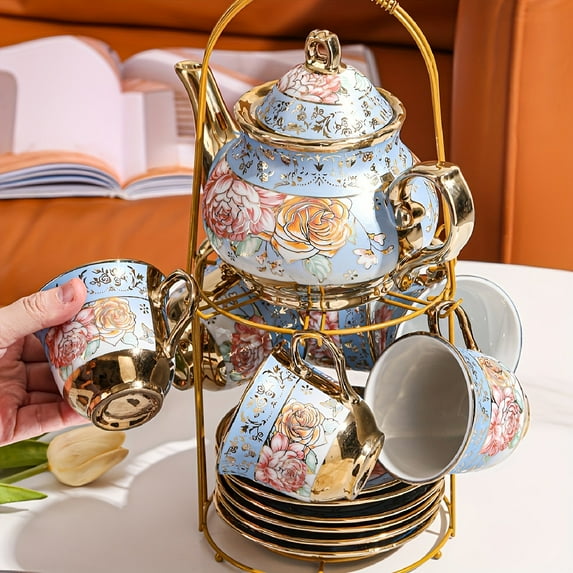 20pcs Elegant Floral Ceramic Tea Set, 23.67oz Teapot & 6.09oz Cups ...