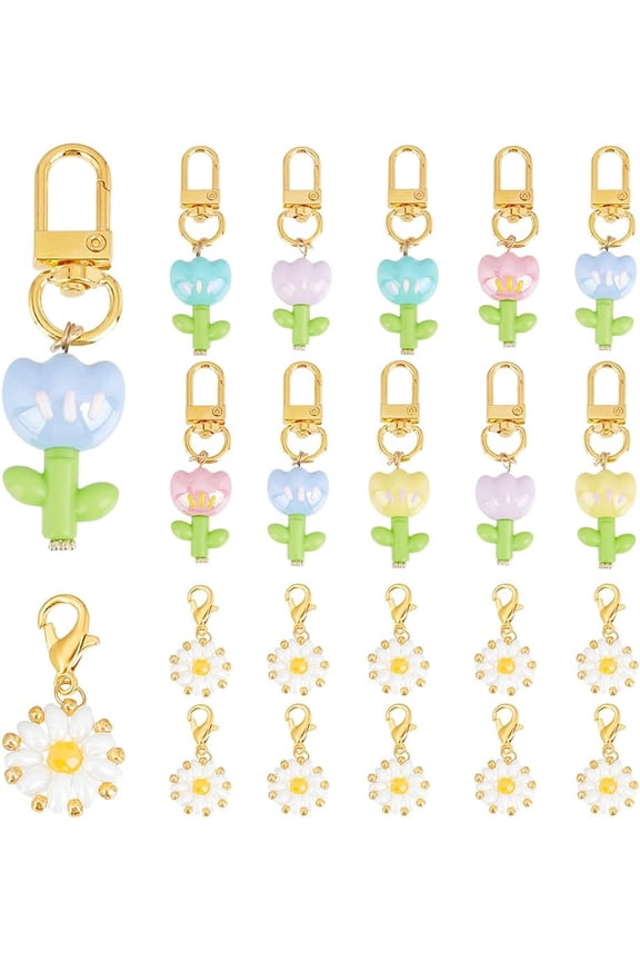 20pcs Flower Keychain Daisy Tulip Enamel Keyring Cute Floral Charm Purse Bag Pendant Earphone Case Decoration Mini Key Chain Bulk for DIY Moms Friends Accessories Gifts Handbags