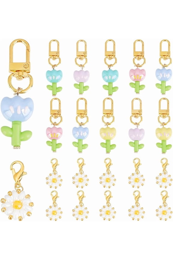 20pcs Flower Keychain Daisy Tulip Enamel Keyring Cute Floral Charm Purse Bag Pendant Earphone Case Decoration Mini Key Chain Bulk