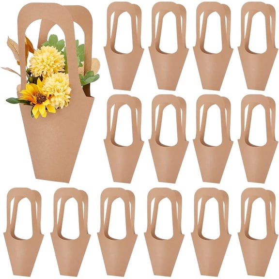 20pcs Flower Sleeves Bag Kraft Paper Valentine Floral Gift Bags 14x7.5 inch Long Handle Flower Display Bag Flower Bags for Bouquet Wrapping Wedding Xmas Party Home Decor Small Business DIY