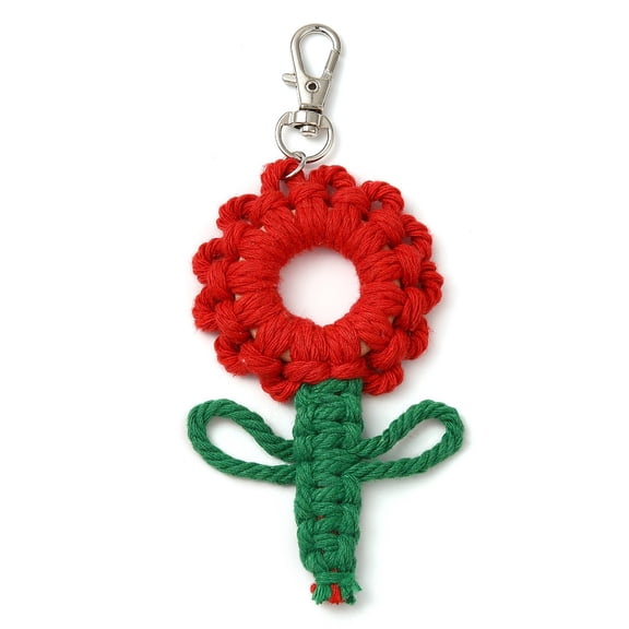 20pcs Flowers Woven Cotton Thread Pendant Decorations Wood Beads and Alloy Swivel Clasps Charms for bag Ornaments Red 123mm