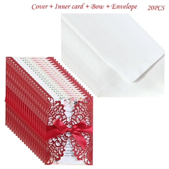 20pcs Glitter Hollow Invitations Cards with Envelopes Ribbon for Wedding Invite Bridal Shower Party Supplies