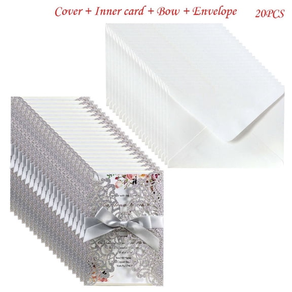 20pcs Glitter Hollow Invitations Cards with Envelopes Ribbon for Wedding Invite Bridal Shower Party Supplies