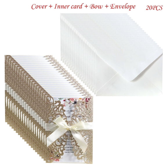 20pcs Glitter Hollow Invitations Cards with Envelopes Ribbon for Wedding Invite Bridal Shower Party Supplies