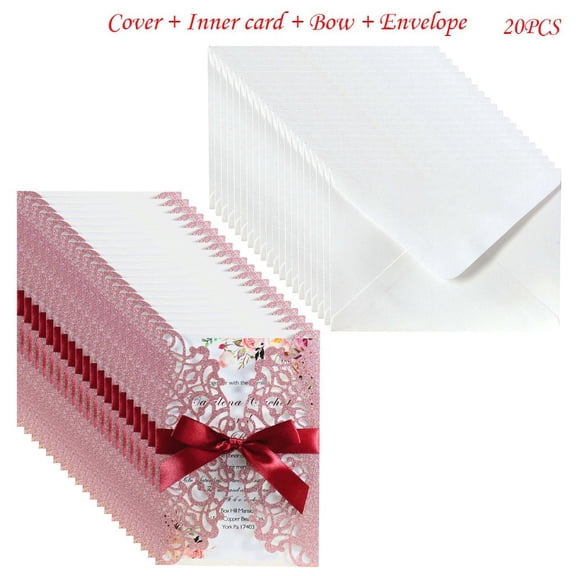 20pcs Glitter Hollow Invitations Cards with Envelopes Ribbon for Wedding Invite Bridal Shower Party Supplies