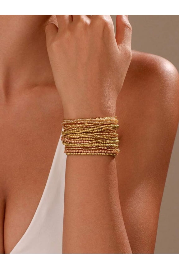 20pcs Gold-Tone Bohemian Glass Beaded Wrap Stacking Bracelet Set For Women