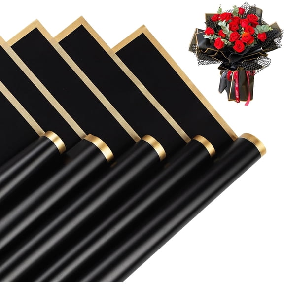20pcs Gold-Trimmed Semi-Transparent Frosted Flower Wrapping Paper, 22.8x22.8 Inch Waterproof Bouquet Packaging Sheets for Wedding/Graduation/Birthday Floral Arrangements（Black）
