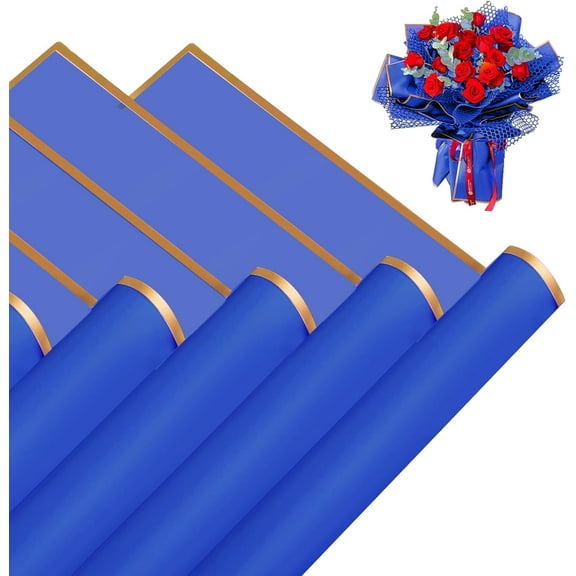 20pcs Gold-Trimmed Semi-Transparent Frosted Flower Wrapping Paper, 22.8x22.8 Inch Waterproof Bouquet Packaging Sheets for Wedding/Graduation/Birthday Floral Arrangements(Blue)