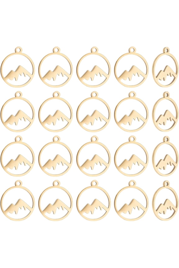 20pcs Golden Mountain Charms Stainless Steel Hypoallergenic Hollow Charm 17mm Flat Round with Mountain Dangle Pendants Jewelry Gift for DIY Outdoor Lovers Hikers Skiers Climbers