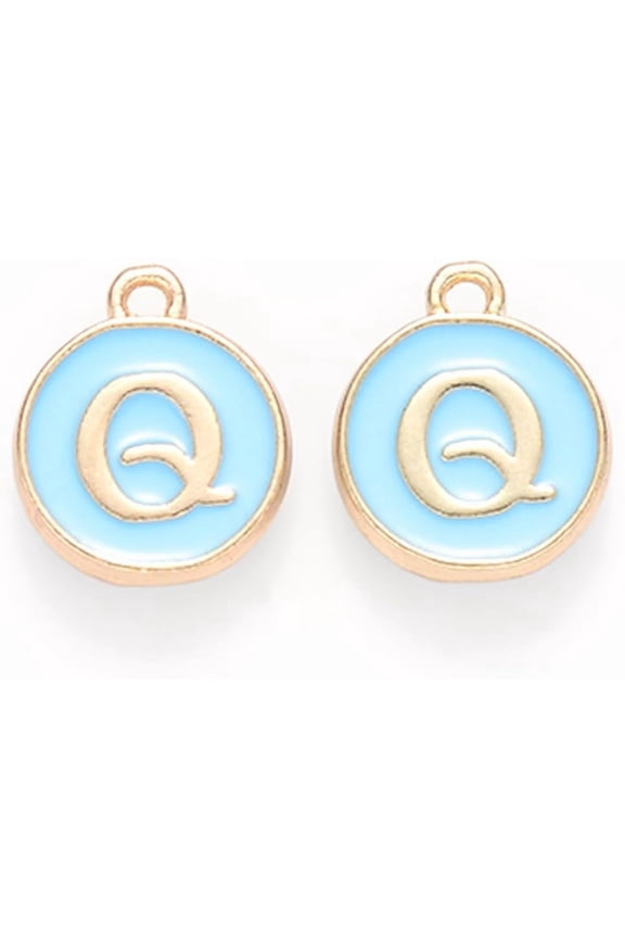 20pcs Golden Plated Alloy Enamel Charms Cadmium Free Lead Free Enamelled Sequins Flat Round with Letter Sky Blue Letter.Q 14x12x2mm