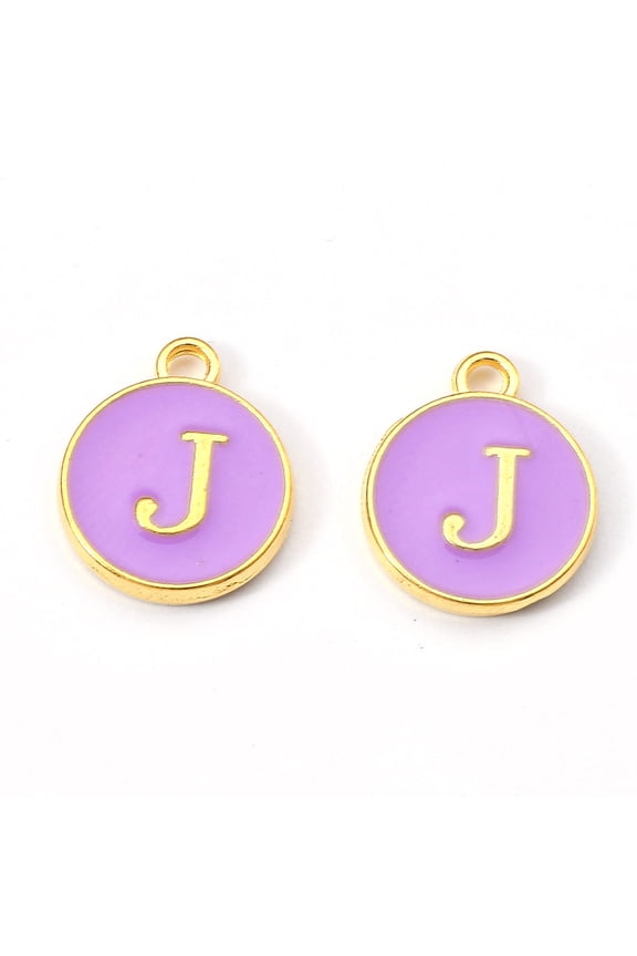 20pcs Golden Plated Alloy Enamel Charms Enamelled Sequins Flat Round with Letter Medium Purple Letter.J 14x12x2mm Hole: 1.5mm