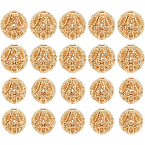 20pcs Golden Round Beads 14K Gold Plated Brass Hollow Beads 8mm 10mm Filigree Beads Metal Spacer Beads Loose Beads for Earrings Bracelet Pendant Waist Chain Necklaces Jewelry DIY Crafts
