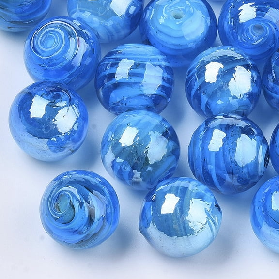 20pcs Handmade Lampwork Beads Pearlized Round Deep Sky Blue 14mm Hole: 1.5mm