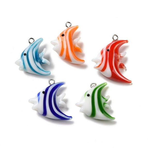 20pcs Handmade Lampwork Pendants with Brass Loop and Acrylic Finding Fish Mixed color 25x16.5x9mm Hole: 1.5mm