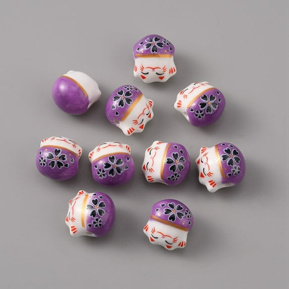 20pcs Handmade Porcelain Beads Famille Rose Porcelain Lucky Cat Purple 14x12.5x11.5mm Hole: 2mm