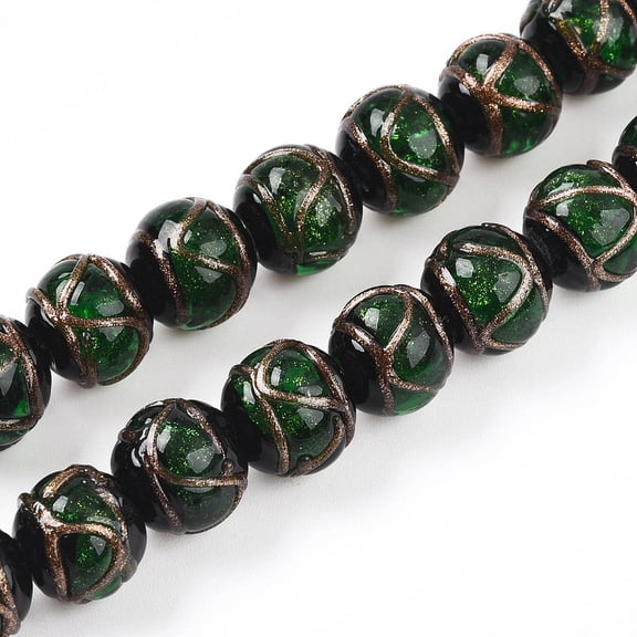 20pcs Handmade golden Sand Lampwork Beads Round Dark Green 12~12.5mm Hole: 1.2~1.6mm