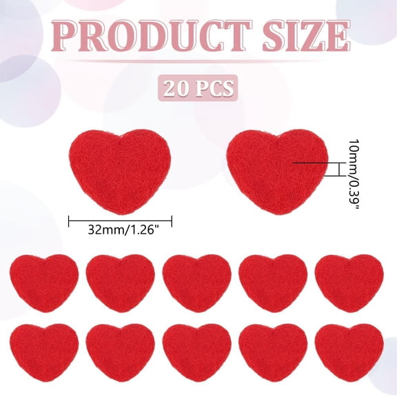 20pcs Heart Handmade Wool Felt Ornament Accessories for Hair Tie Decoration Red 31x32x10mm
