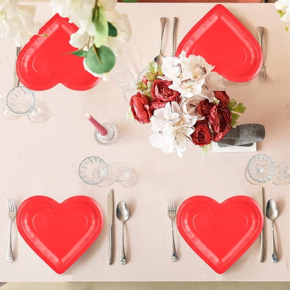 20pcs Heart-Shaped Paper Plates - Disposable Plates for Valentine’s Day Decor & Parties, Food-Safe Cute Shaped Plates for Romantic Dinners, Bridal Showers & Festive Gatherings, 7.48*7.48in, Red