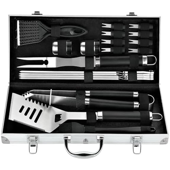 20pcs Heavy Duty BBQ Grill Tool Set in Case - The Very Best Grill Gift for Father's Day and Christmas - Professional BBQ Accessories Set for Outdoor Cooking Camping Grilling Smoking, Black