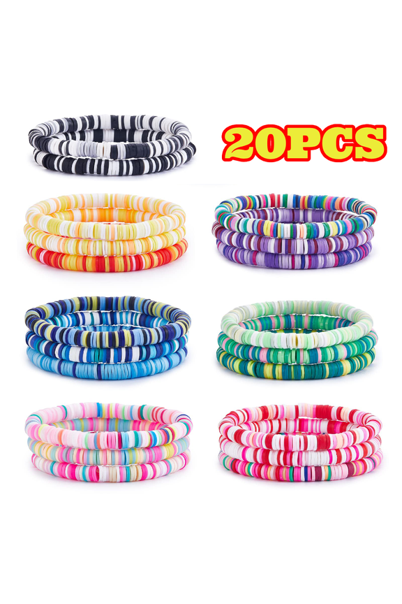 20pcs Heishi Surfer Bracelets Set, Polymer Clay Heishi Beads Stretch Bracelets Multi-Layer Stackable Friendship Bracelets Bohemia Beach Jewelry for Women