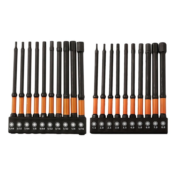 20pcs Hex Screwdriver Bit Set for Drivers Metric and SAE Sizes 100mm Long with Magnetic Tips and 14 Inch Hex Shank Suitable for Tight Spaces and Repairs