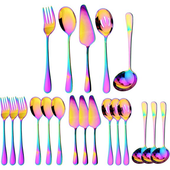 20pcs Hostess Basics Serving Utensils, Buffet Serving set, Stainless Steel Fork Tablespoons For Home Chef Use Buffet Breakfast Dinner Set - Mirror Rainbow