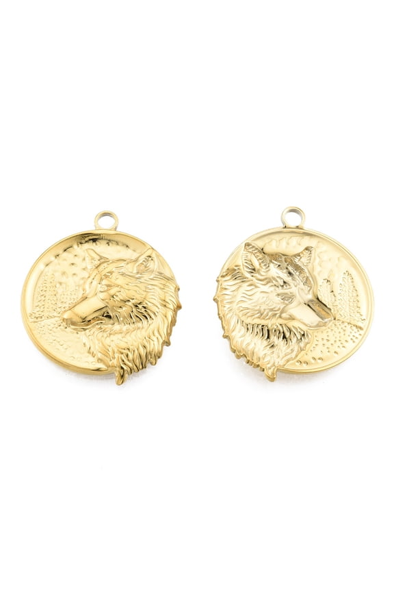 20pcs Ion Plating(IP) 201 Stainless Steel Pendants Flat Round with Wolf golden 30x25.5x3mm Hole: 2.5mm