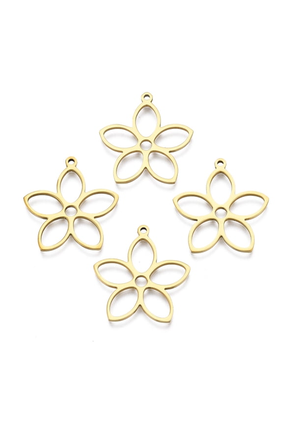 20pcs Ion Plating(IP) 201 Stainless Steel Pendants Flower Real 18K golden Plated 26x25x1.5mm Hole: 1.4mm for DIY