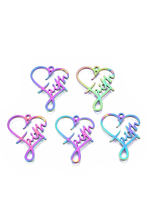 20pcs Ion Plating(IP) 201 Stainless Steel Pendants Heart with Word Rainbow color 28.5x22x1.5mm Hole: 1.6mm DIY