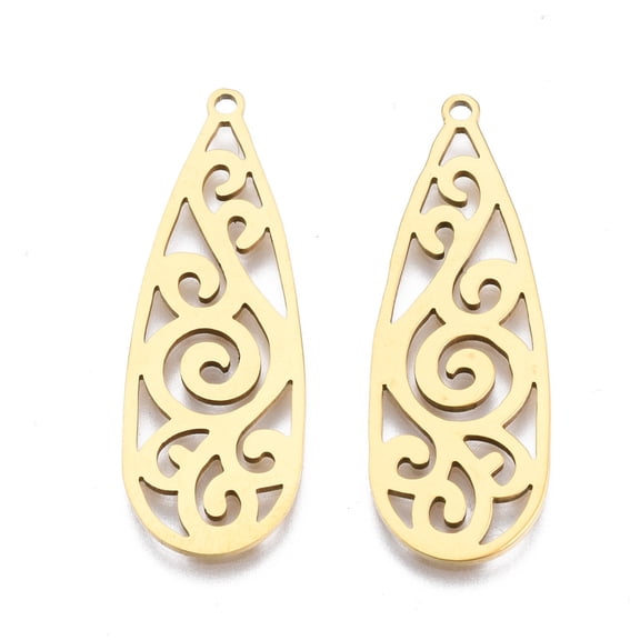 20pcs Ion Plating(IP) 201 Stainless Steel Pendants Laser Cut Teardrop Golden 34x12x1mm Hole: 1.4mm