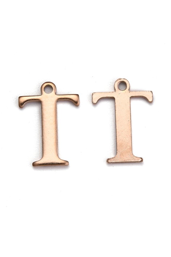 20pcs Ion Plating(IP) 304 Stainless Steel Alphabet Rose golden Letter.T 12x8.5x1mm Hole: 1mm