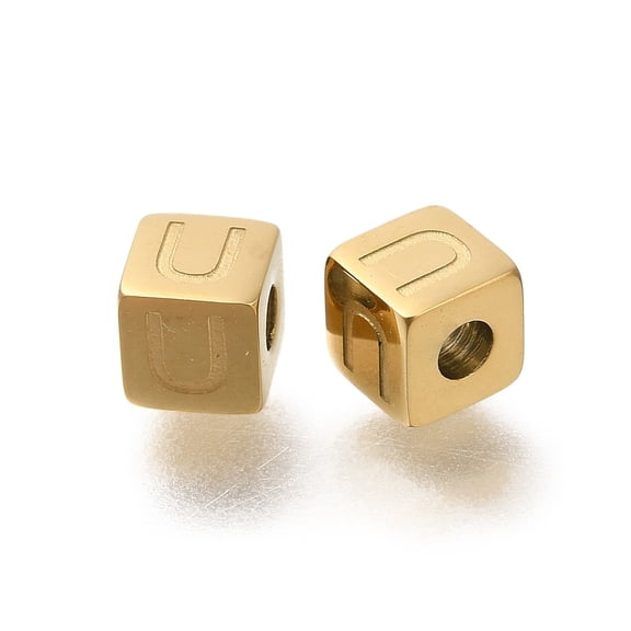20pcs Ion Plating(IP) 304 Stainless Steel Beads Cube with Letter golden Letter U 5x5x5mm Hole: 2mm