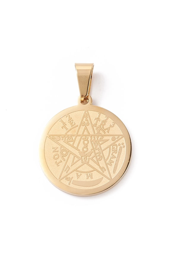 20pcs Ion Plating(IP) 304 Stainless Steel Flat Round Tetragrammaton Pentagram Wiccan Pendant Laser Cut Golden 27x24x2mm Hole: 9x5mm for DIY
