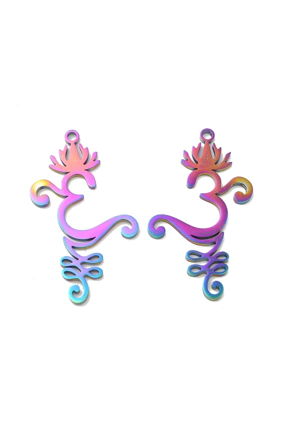 20pcs Ion Plating(IP) 304 Stainless Steel Pendants Ohm/Aum with Lotus Charm Rainbow color 36x21x1.5mm Hole: 1.8mm