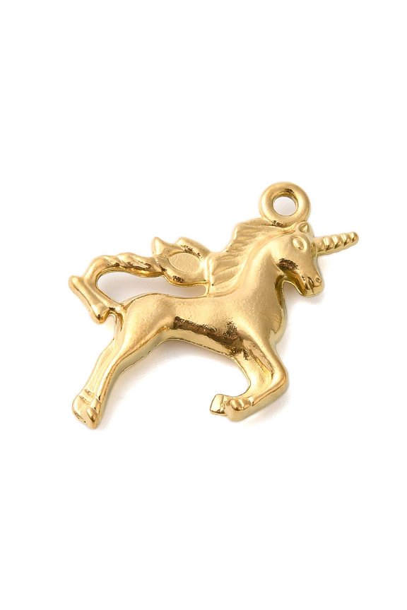 20pcs Ion Plating(IP) 304 Stainless Steel Pendants Unicorn Charms Real 18K golden Plated 26x27x4mm Hole: 1.8mm