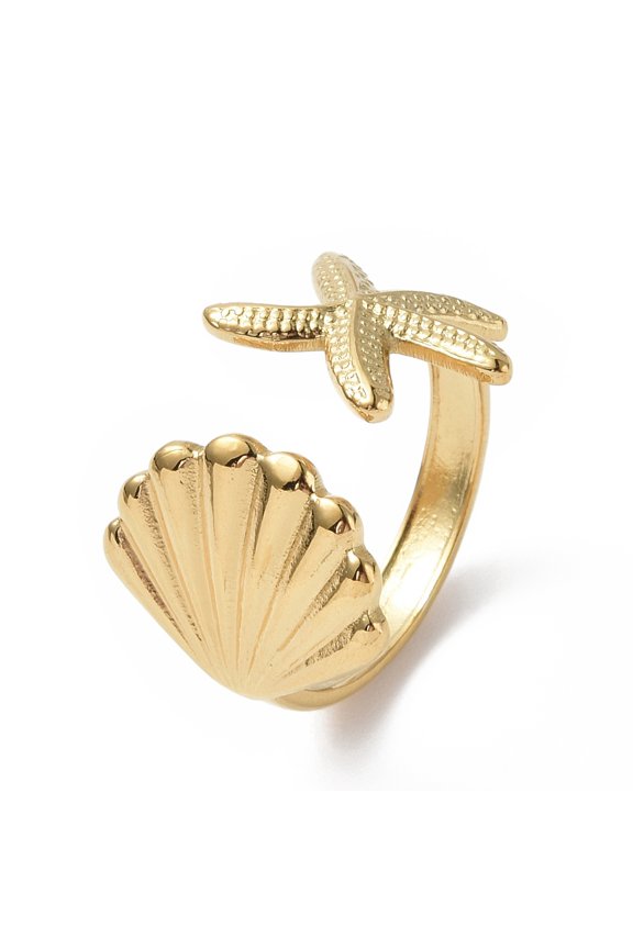 20pcs Ion Plating(IP) 304 Stainless Steel Shell with Starfish Open Cuff Ring for Women Real 18K golden Plated Inner Diameter: 18mm