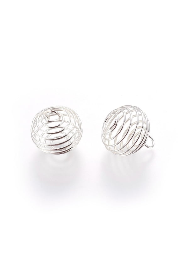 20pcs Iron Wire Pendants Spiral Bead Cage Pendants Round Silver 15~16x14mm Hole: 4~5mm