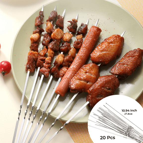 20pcs Kabob Skewers Flat Metal BBQ Barbecue Skewers Shish Kebob Sticks Reusable Wide Grilling Skewers Set for Meat Shrimp Chicken Vegetable