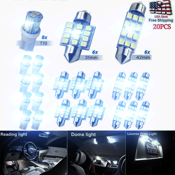 20pcs LED Interior Lights Bulbs Kit Car Trunk Dome License Plate Lamps T10