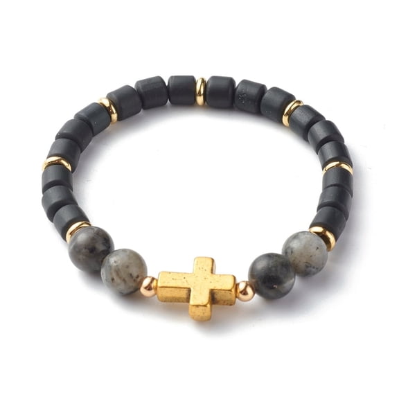 20pcs Larvikite Beads Stretch Bracelets with Handmade Polymer Clay & Alloy & Brass Beads Black 1/4 inch(0.6cm) Inner Diameter: 2-1/4 inch(5.75cm)