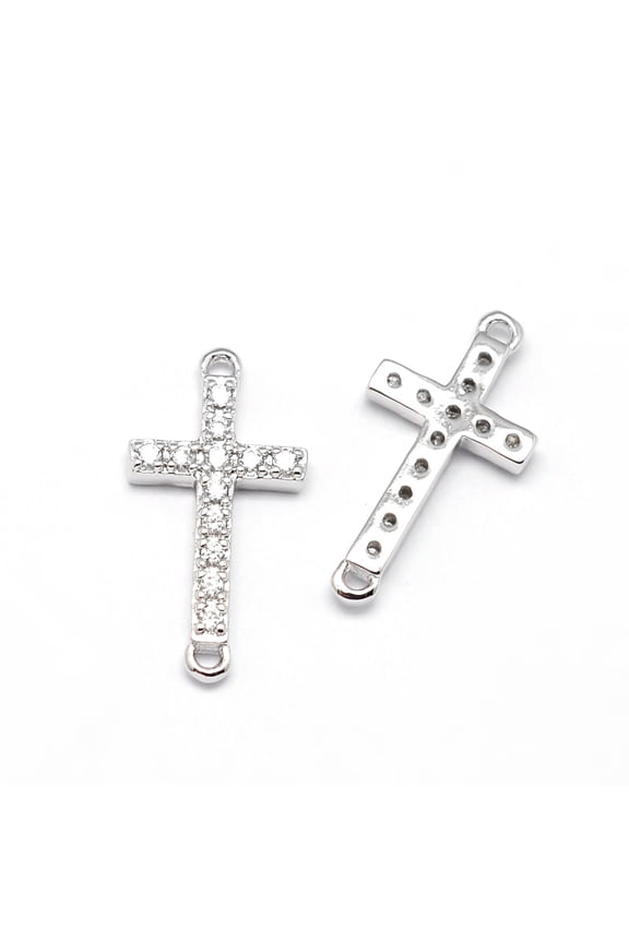 20pcs Latin Sideways Cross Brass Micro Pave Cubic Zirconia Links Clear Cadmium Free & Nickel Free & Lead Free 17x9x2mm Hole: 1mm