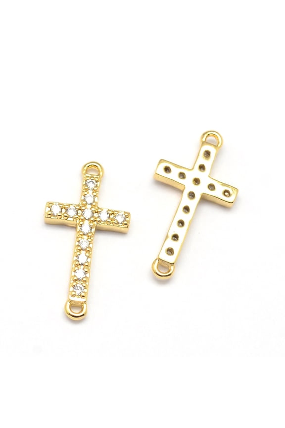 20pcs Latin Sideways Cross Brass Micro Pave Cubic Zirconia Links Clear Cadmium Free & Nickel Free & Lead Free golden 17x9x2mm Hole: 1mm