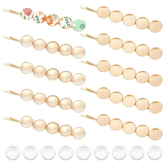 About 20pcs Light Gold 61mm Long DIY Blank Dome Iron Hair Bobby Pins Making Kit Metal Cabochon Hair Clips with Glass Cabochons Tray 10mm for Women Headwear Hair Accessories Clear