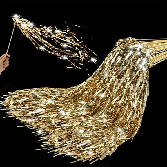 20pcs Lighted Wedding Wands Send off, NOGIS LED Ribbon Stick with Shiny Foil Tinsel Glitter Hand Light up Streamers for Bridal Baby Shower Birthday Party Celebration (Gold)